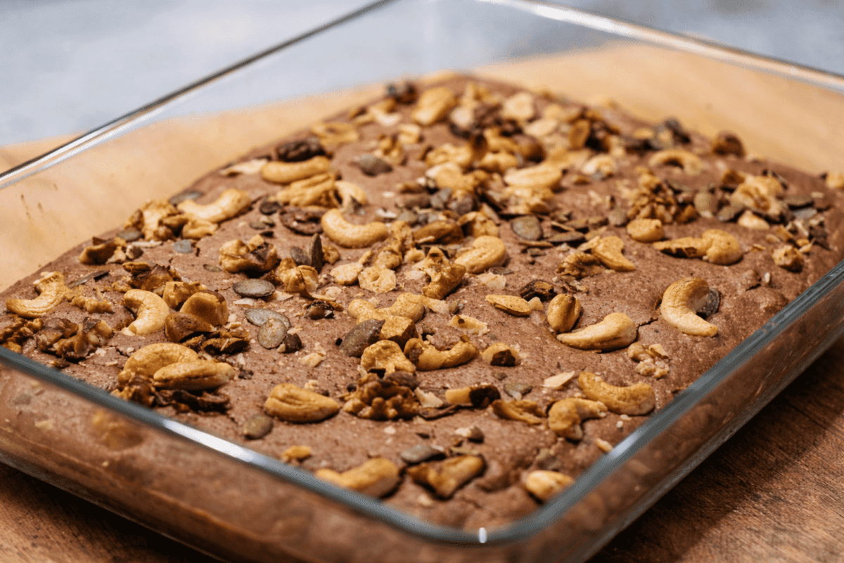 Frisch gebackene Brownies mit Cashew- und Walnüssen in einer Glasform.