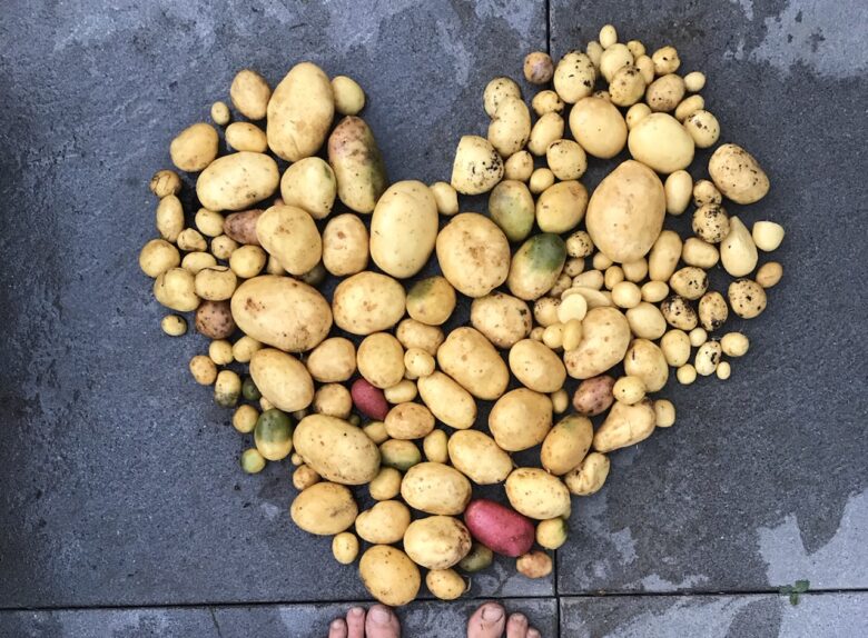 A variety of potatoes in different sizes and colors are arranged in the shape of a heart on a gray tiled surface, with two bare feet visible at the bottom of the image.