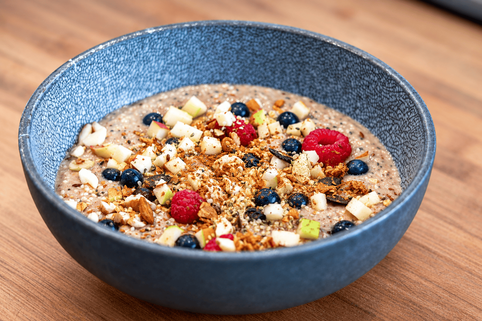 Gesundes Granola-Pulver mit Beeren und Nüssen in blauer Schüssel.