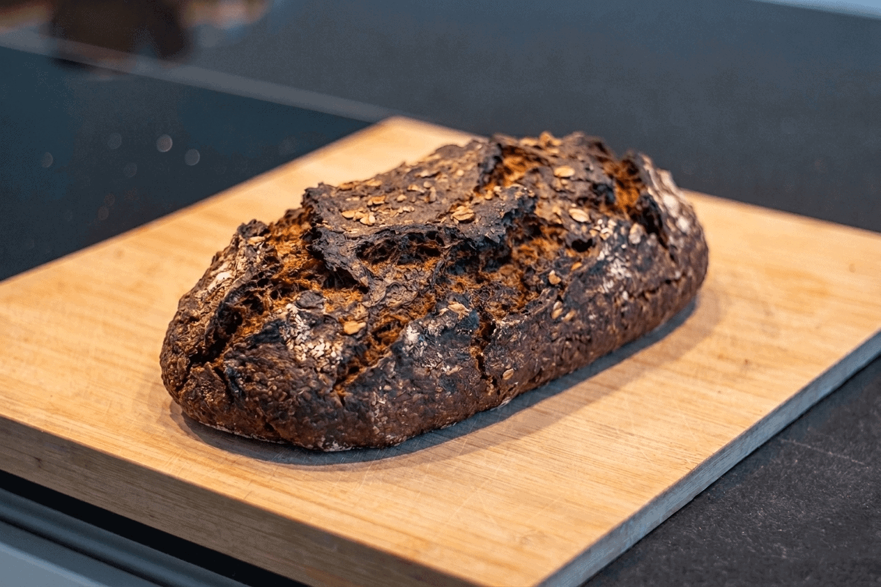 Aromatisches Roggenbrot mit knuspriger Kruste auf Holz.