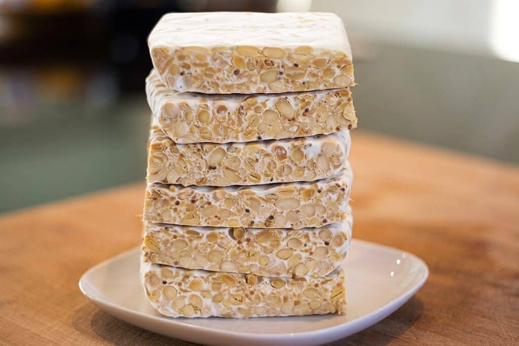 Frischer Tempeh-Stapel auf einem weißen Teller.