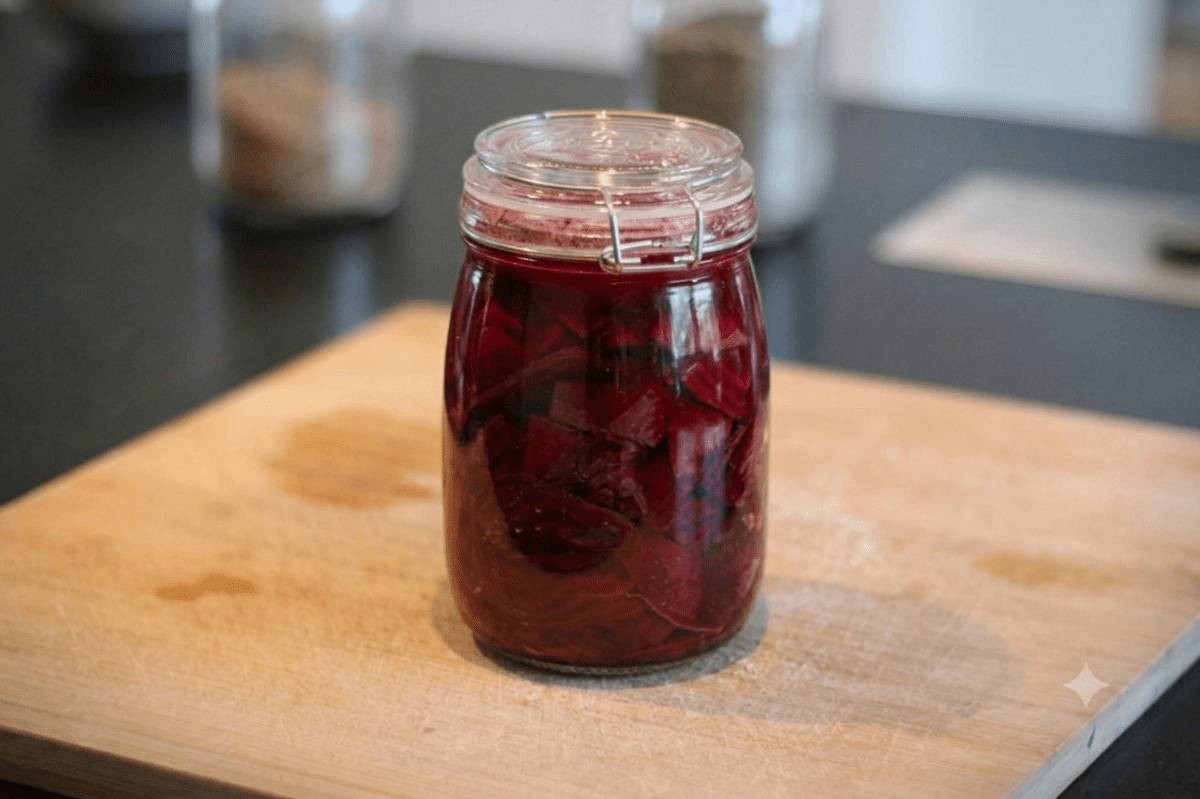 Fermentierte Rote Beete im Glas auf Holzbrett.
