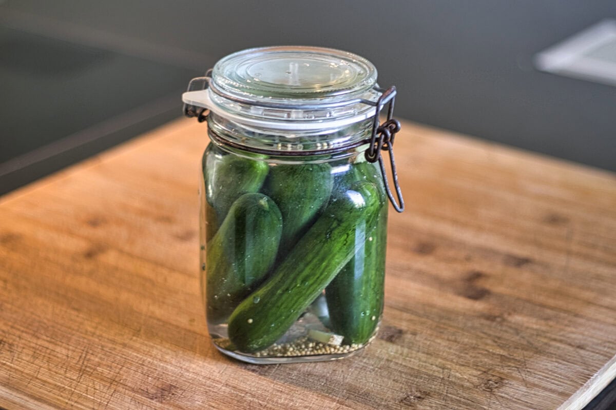 Glas mit fermentierten Salzgurken auf Holzplatte.