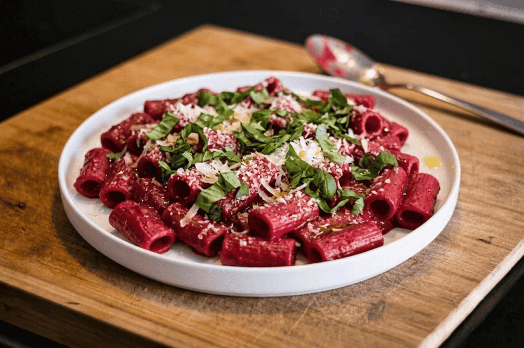 Rote Bete Pasta mit Feta, frischen Kräutern und Parmesan.